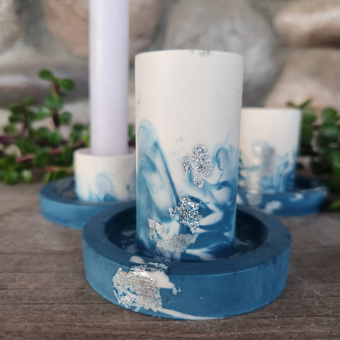 (#1225) Jesmonite Candlestick Holder Set - Blue/White/Silver