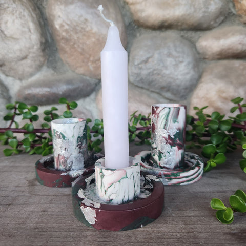 (#1226) Jesmonite Candlestick Holder Set - Cranberry/Forest/Silver (#1226) Jesmonite Candlestick Holder Set - Cranberry/Forest/Silver