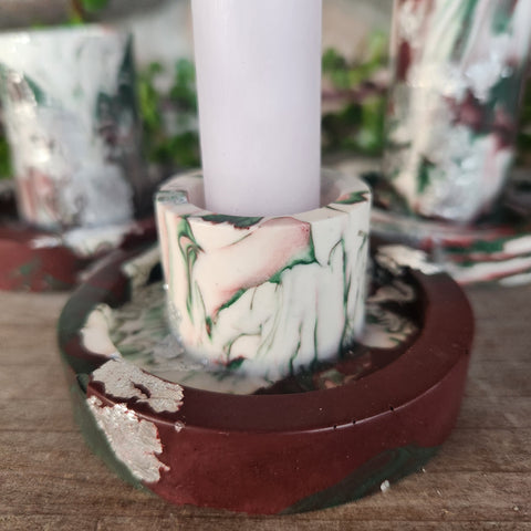 (#1226) Jesmonite Candlestick Holder Set - Cranberry/Forest/Silver