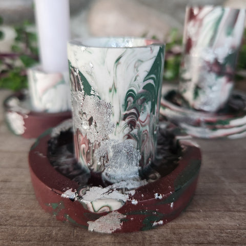 (#1226) Jesmonite Candlestick Holder Set - Cranberry/Forest/Silver (#1226) Jesmonite Candlestick Holder Set - Cranberry/Forest/Silver