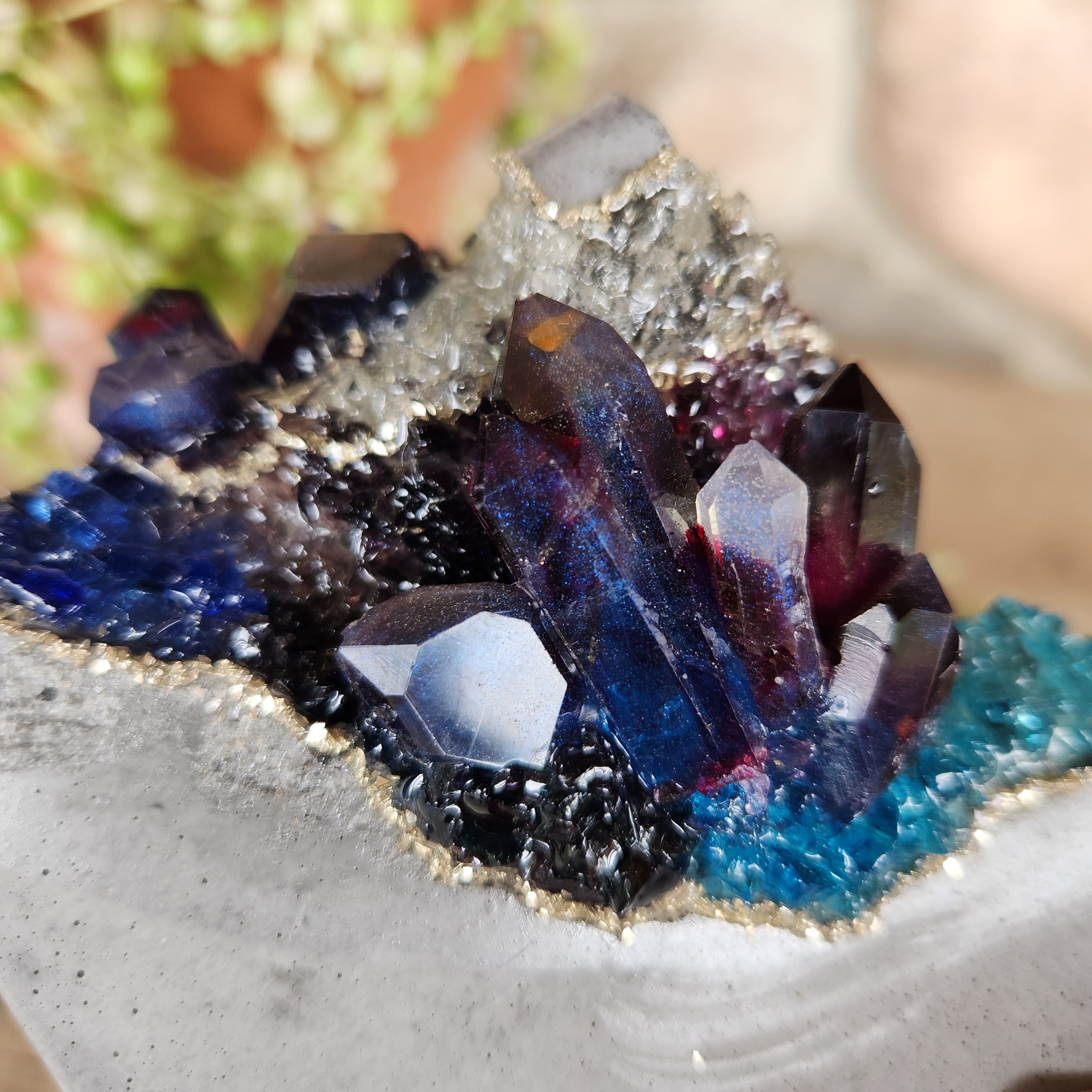 (#912) Dark Purple & Blue Crystal Geode - Square Pot