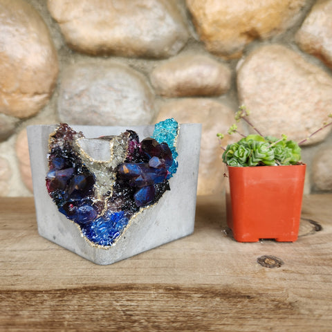 (#912) Dark Purple & Blue Crystal Geode - Square Pot