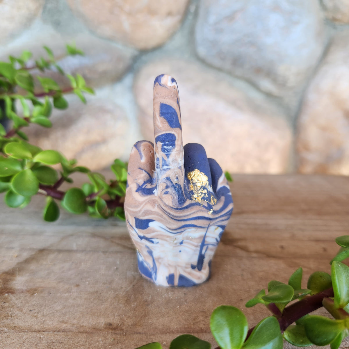 (#1116) Jesmonite Middle Finger Ring Holder - Navy/Tan/White