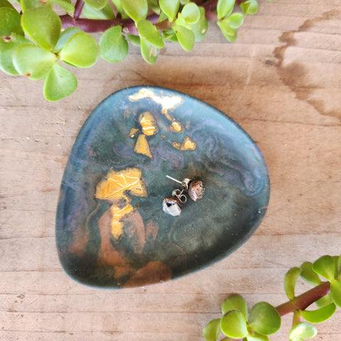 (#1125) Jesmonite Mini Trinket Tray - Emerald/Brown