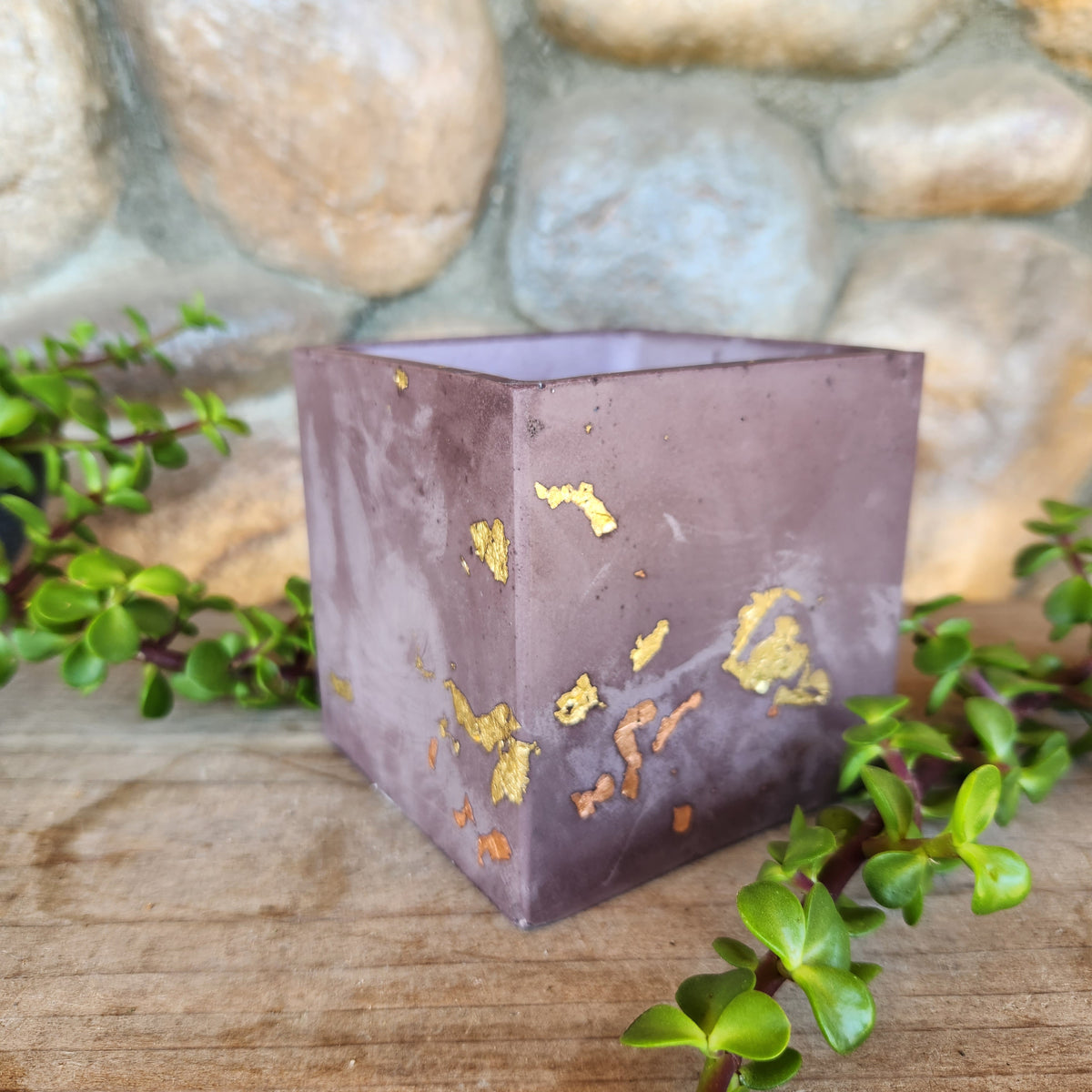 (#1129) Jesmonite Pot - Square - Rosey Purple & Gold