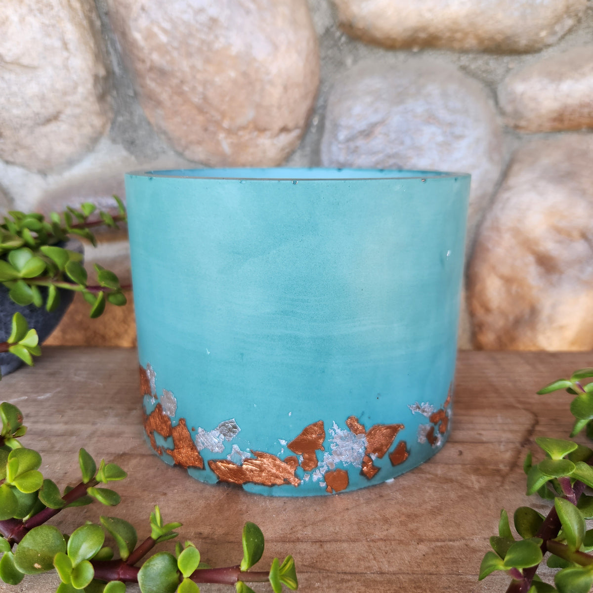 (#1134) Jesmonite Pot - Round - Teal & Mixed Metals