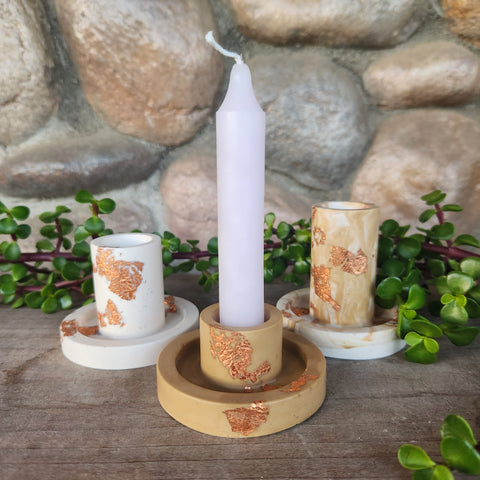 (#1224) Jesmonite Candlestick Holder Set - Tan/White/Rose Gold
