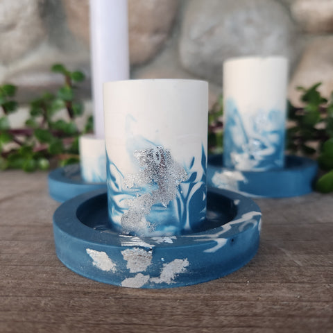 (#1225) Jesmonite Candlestick Holder Set - Blue/White/Silver