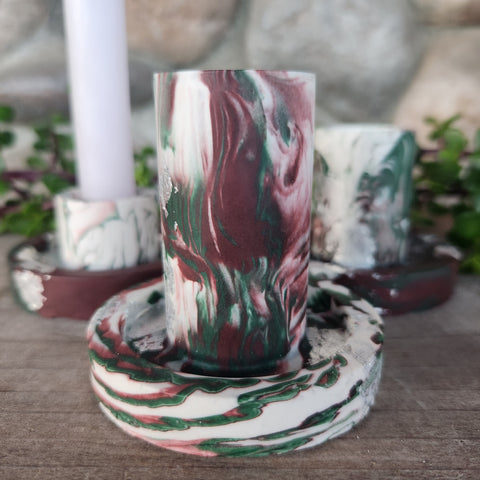 (#1226) Jesmonite Candlestick Holder Set - Cranberry/Forest/Silver